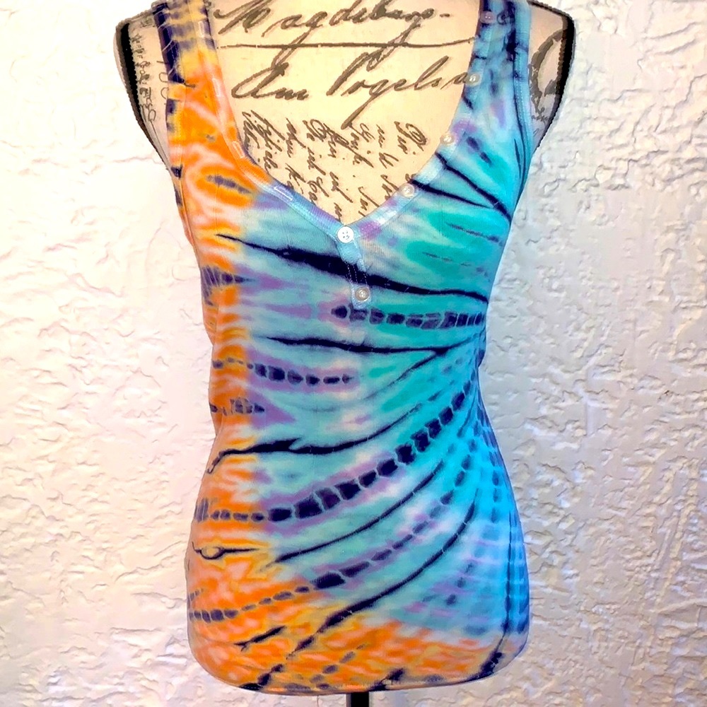 🦋Boho Pastel Sherbet Tie Dye Ribbed Knit Henley Tank Top